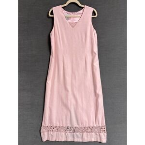 Vtg Dress M Petite Petal Pink Linen Crochet Midi Preppy‎ Coastal Beach Classic